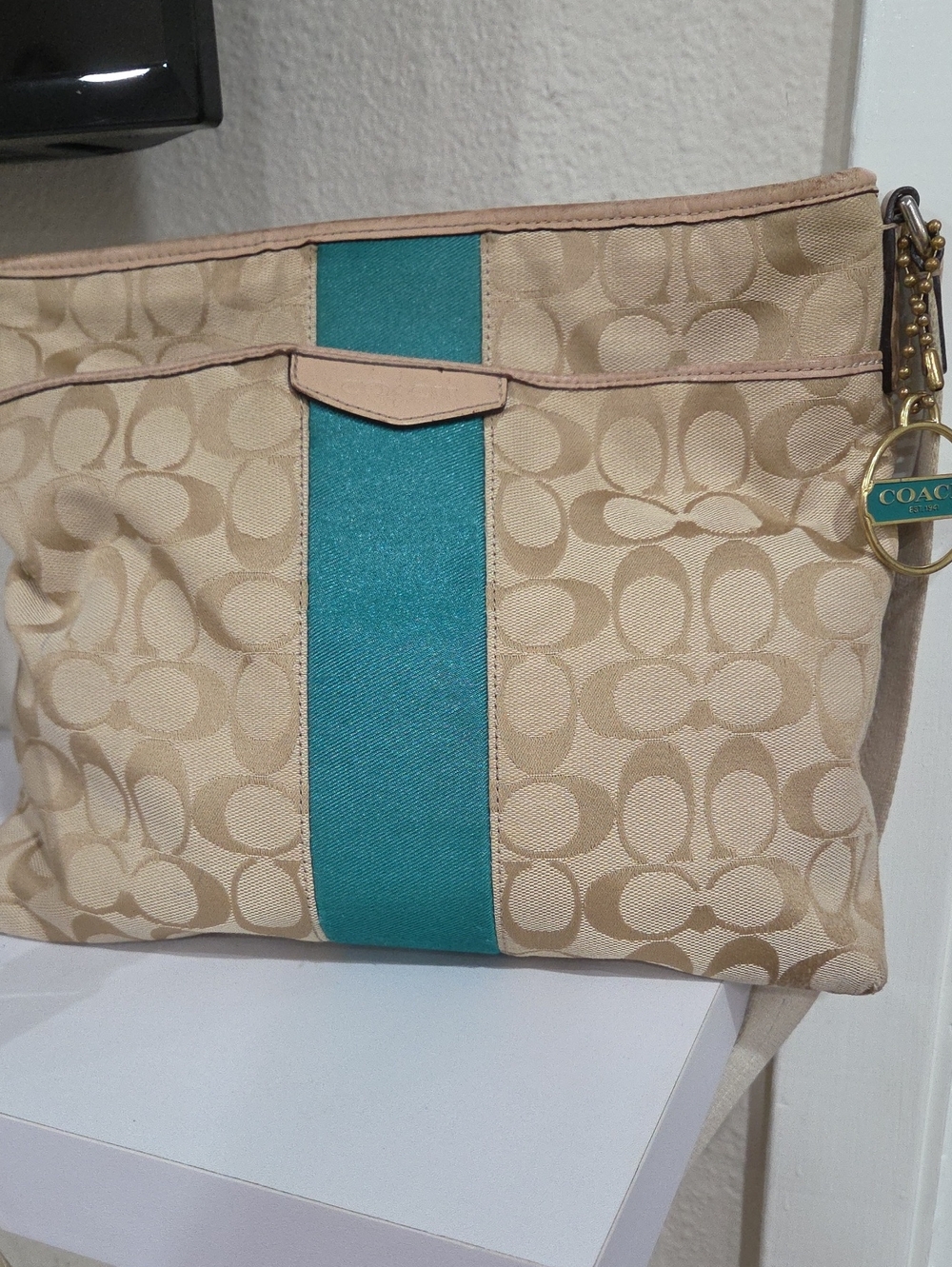 Coach Khaki Canvas Shoulder Bag with Teal Center Stripe